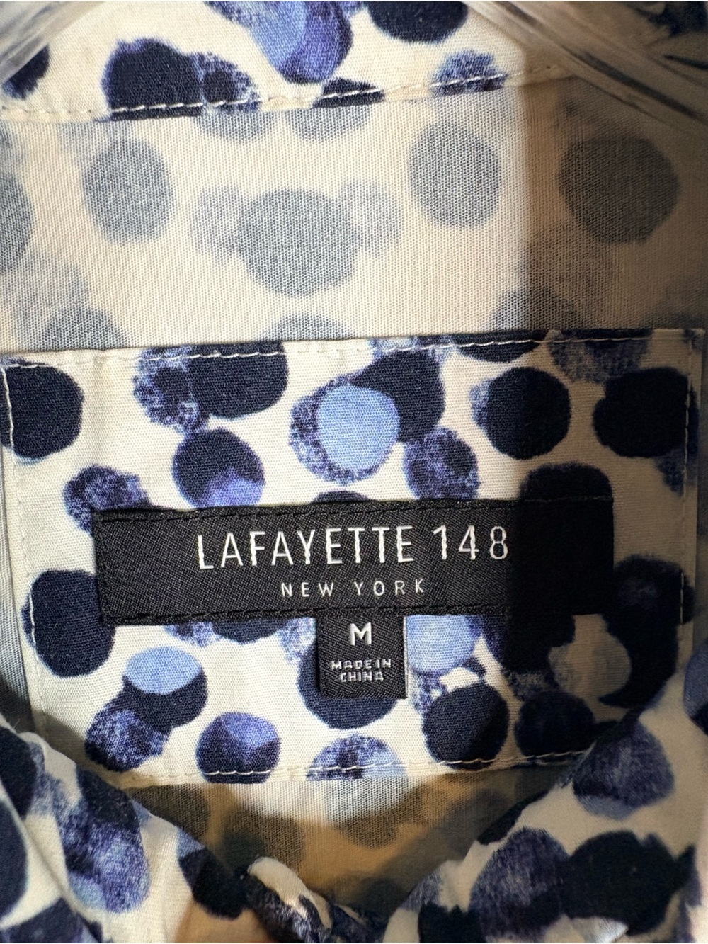 Lafayette 148 New York Blue Abstract Dot Stretch Cotton Shirt Medium - Picture 6 of 8